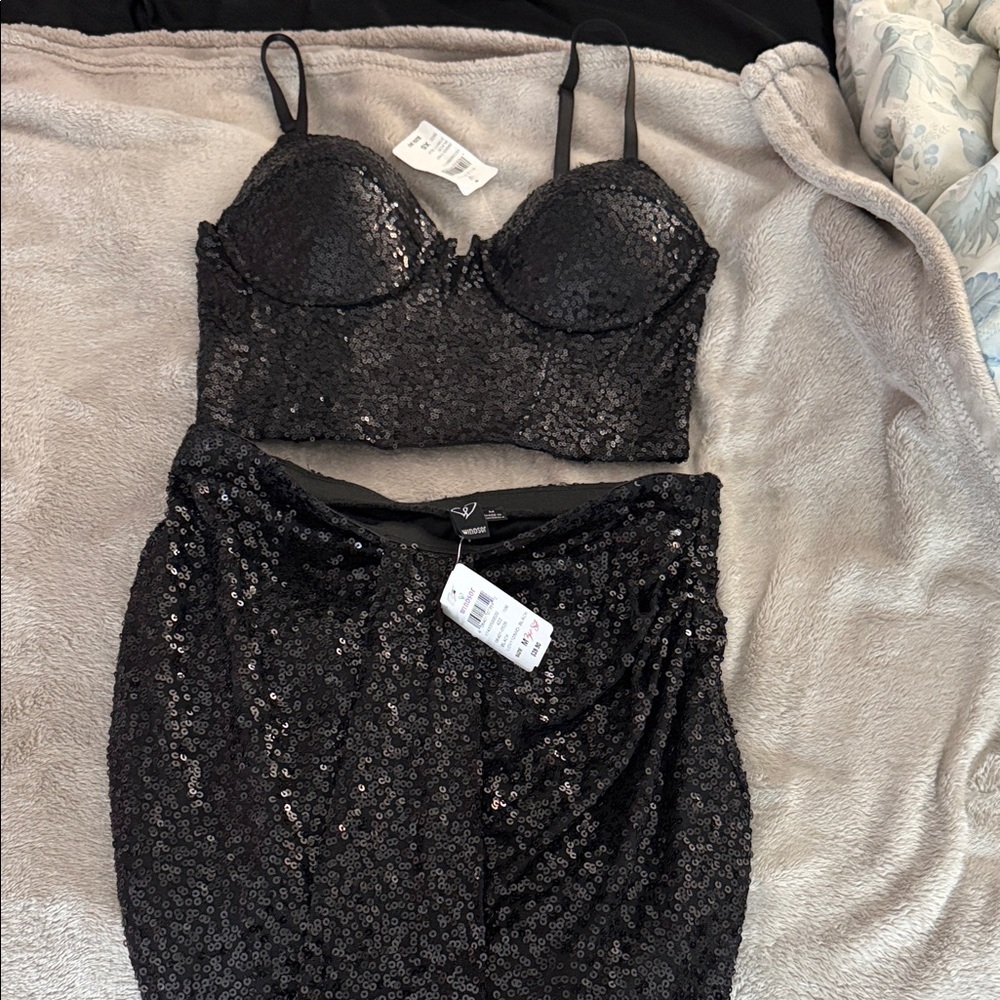 Black Sequin Bralette & Skirt Set - Women